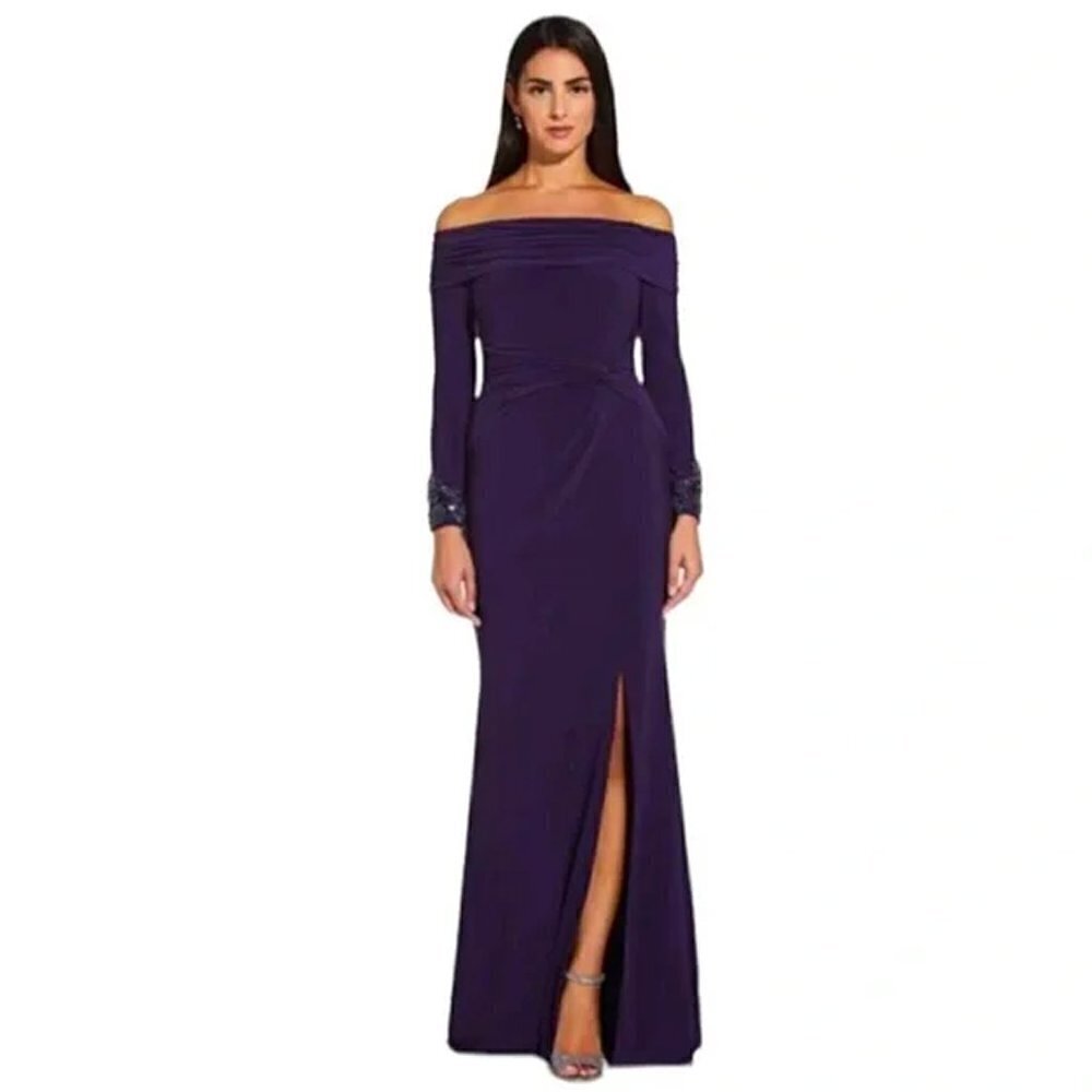 Adrianna Papell Size 8 Off Shoulder Jersey Gown Purple Beaded Slit Full Length